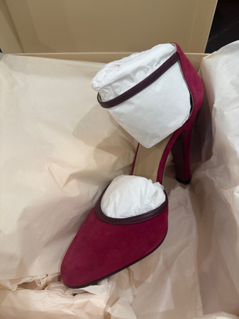 Valentino Garavani Berry Pink Suede Ankle-Strap Pumps with Brown Trim